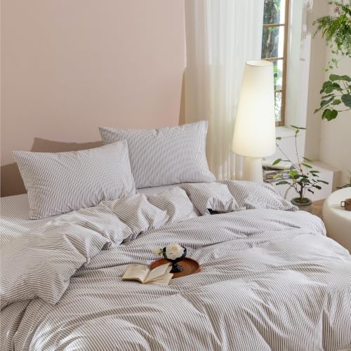 JIYUAN Oversized King Washed Cotton Duvet Cover Set, Linen-Like Pinstripe