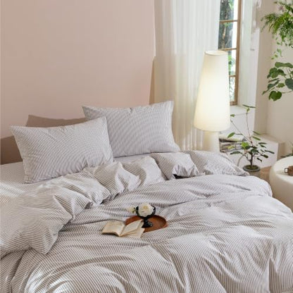 JIYUAN Oversized King Washed Cotton Duvet Cover Set, Linen-Like Pinstripe