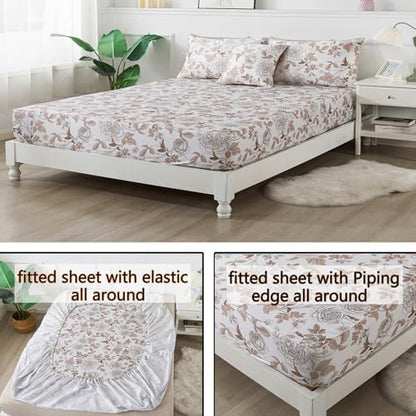 FADFAY Sheets Set Twin Vintage White and Brown Floral Bedding Elegant Peony Sheets Set Shabby Rose Farmhouse Bedding 100% Egyptian Cotton 800 Thread Count Deep Pocket Fitted Sheet 4Pcs, Twin Size