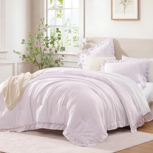 Andency Grey Pink Striped Queen Ruffle Comforter Set, 3 Pieces