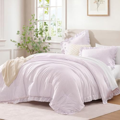Andency Grey Pink Striped Queen Ruffle Comforter Set, 3 Pieces