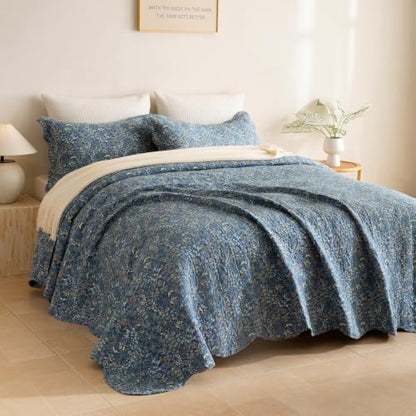 Lady Ann 100% Cotton Quilt Set,Oversized King Bedspread 120x120 for Extra Large Bed, Navy Blue Floral Botanical Pattern Printed Quilted Coverlet, 3 Pcs Vintage& Ultra Soft Bedding Set