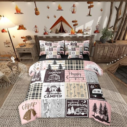 Erosebridal Girls Camping Twin Bed in A Bag 7 Piece,Pink Camper Kids Comforter Set with Sheets for Bunk,Rv Decor Bedding Comforter Sets for Travel Trailers Rustic Farmhouse Buffalo Plaid Bed Set