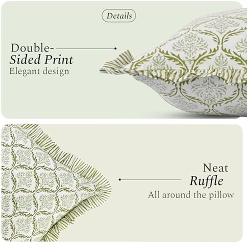 CPC Block Print Fern Regal Ruffle Cotton Lumbar Pillow Cover 12x20 inch