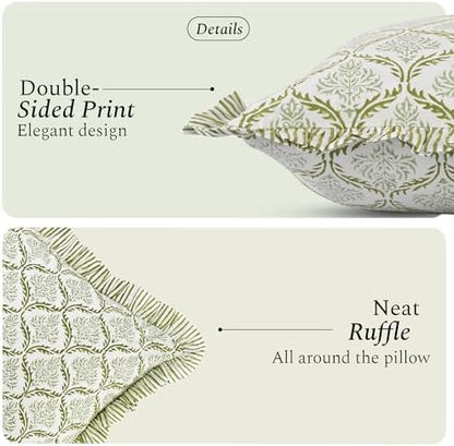 CPC Block Print Fern Regal Ruffle Cotton Lumbar Pillow Cover 12x20 inch