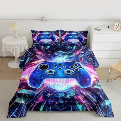 Erosebridal Galaxy Gaming Comforter Set 3D Cube Gamer King Bedding Set | Diamond Neon Lights Comforter Modern Game Consoles Duvet Insert