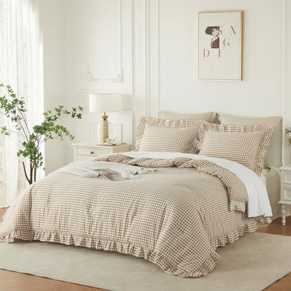 Gingham Ruffle Comforter Set Queen - 3 Piece Tan Checkered Bedding Set - Aesthetic Cottagecore Ruffled Farmhouse Comforter with 2 Pillow Shams - Soft, Lightweight All Season Bedding (90"x90")