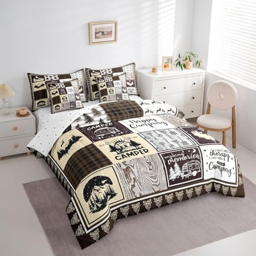 Erosebridal 7 Piece Happy Camping Full Bed in a Bag,Kids Rv Camper Comforter Set for Bunk Travel Trailers,Brown Buffalo Plaid Patchwork Bedding Set with Sheets,Rustic Cabin Bed Set with Pillowcases