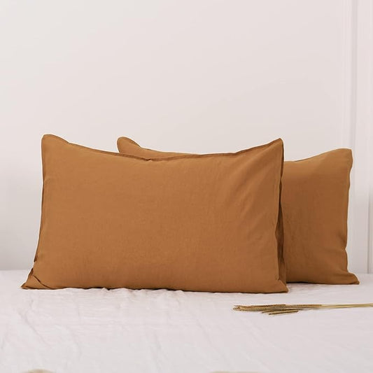 Simple&Opulence 100% Linen Pillowcases Basic Style Solid Color Set of 2, King Size Stone Washed Flax Pillow Cover Envelope Closure (20''x40'', Rust)