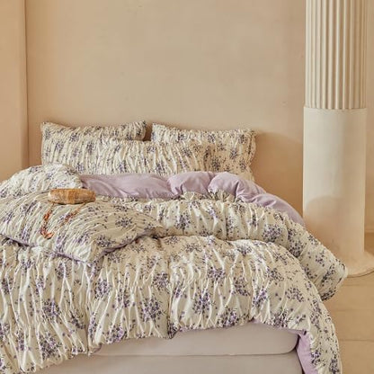 VM VOUGEMARKET Shirred Duvet Cover Set Twin,Vintage Purple Floral