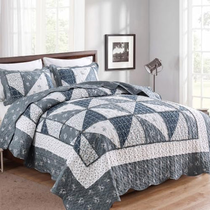 Oversized King Size Quilt Set 128x120 Grey Floral Patchwork Bedspreads Set