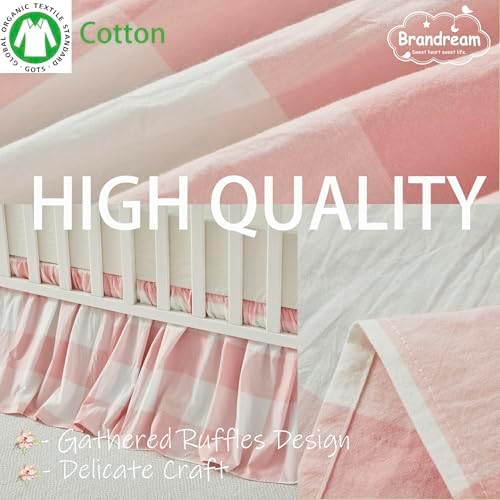Brandream Gingham Gathered Crib Skirt, Baby Boy, Baby Girl, Gender Neutral Crib Skirt, 100% Cotton, 4-Sided, Light Pink Plaid Gingham Toddler Bedskirt Farmhouse Chic Nursery Crib Bed Skirt Dust Ruffle