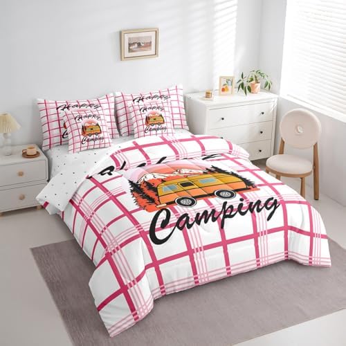 Erosebridal Happy Camping Comforter Set Queen Size,Cartoon RV Bedding Set for Kids Teens,Pink Buffalo Plaid (Comforter+Fitted+Flat Sheet+2 Pillowcases+2 Throw Pillow Covers) 7 Pieces Bed Set