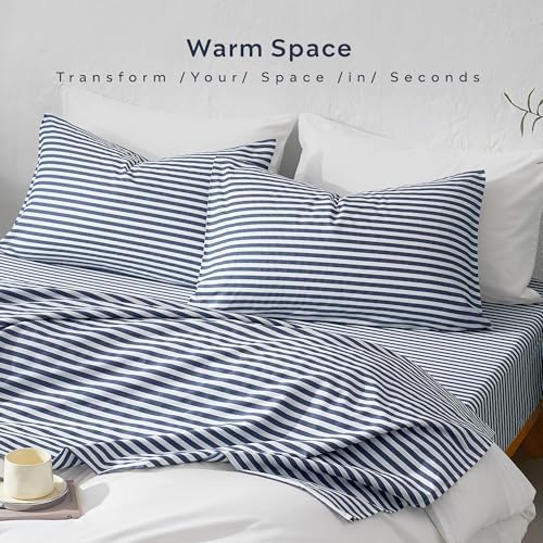 JELLYMONI 100% Cotton Sheet Set, Navy Blue Striped, Queen