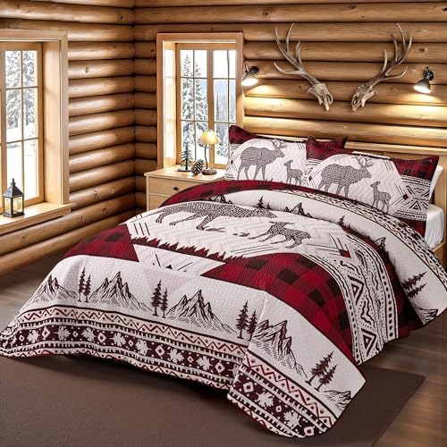 3 Piece Cabin King Size Quilt Sets Christmas Rustic Reversible Microfiber Soft Lightweight Farmhouse Bedspread Comforter with 2 Shams Patchwork Country Lodge Bedding for All Season, 106''x96'', Red