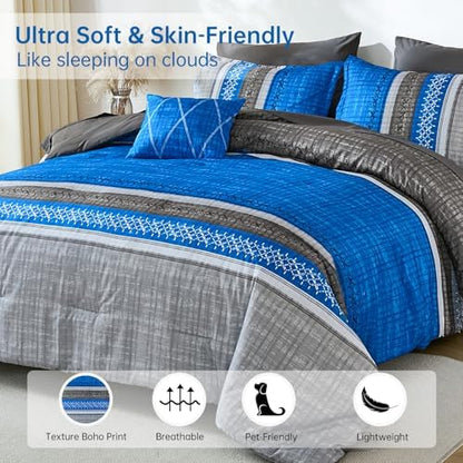 Dintszyayue Blue King Comforter Size Set, 8 Pieces Striped Boho Texture Bed in a Bag Sets, Lightweight Soft Bohemian Comforter and Sheet Set, All Season Microfiber Bedding Sets for Men Women
