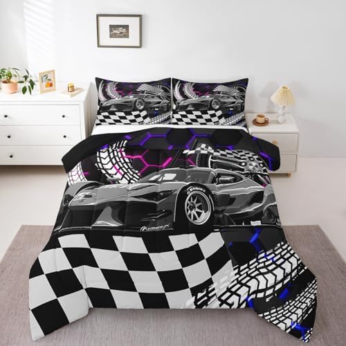 Toddler Race Car Bed for Boys,Blue Purple Neon Lights Honeycomb Bedding Set Cool Sports Car Glitter Beehive Geometric Hexagon Comforter Set Full,Black White Grid Lattice Quilt Buffalo Plaid Decor