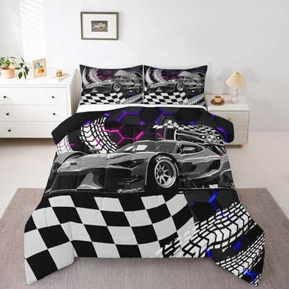 Toddler Race Car Bed for Boys,Blue Purple Neon Lights Honeycomb Bedding Set Cool Sports Car Glitter Beehive Geometric Hexagon Comforter Set Full,Black White Grid Lattice Quilt Buffalo Plaid Decor