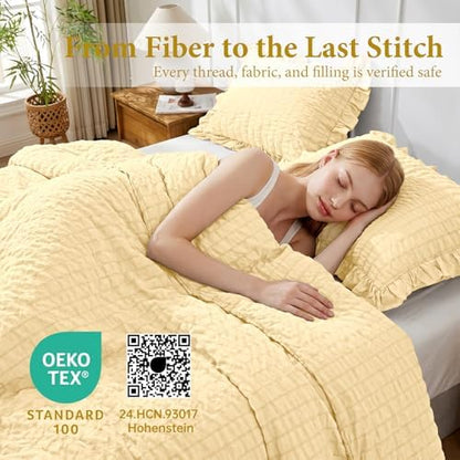 JOLLYVOGUE King Size Comforter Set, 3 Pieces Light Yellow Seersucker Comforters King Size, Lightweight & Fluffy Bedding Sets King for All Season with 1 Ruffle Comforter and 2 Ruffle Pillowshams