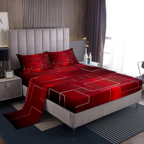 Feelyou Boys Geometric Bed Sheets Sheet Set for Kids Teens Girls Women Red Grid Art Decor Bed Set Simple Modern Fashion Sheets Bedroom Collection 4Pcs Queen Size