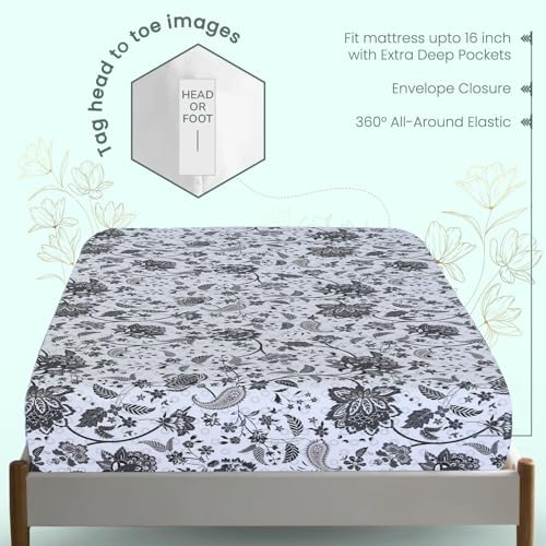 Feather & Stitch Fitted Sheet Only, 100% Cotton 300TC Lightweight Cooling & Breathable Percale Weave Fitted Sheet 16" Regular Elastic Deep Pocket Soft Bedding Mattress (King, Grey Floral Paisley)