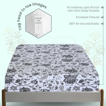 Feather & Stitch Fitted Sheet Only, 100% Cotton 300TC Lightweight Cooling & Breathable Percale Weave Fitted Sheet 16" Regular Elastic Deep Pocket Soft Bedding Mattress (Twin, Grey Floral Paisley)