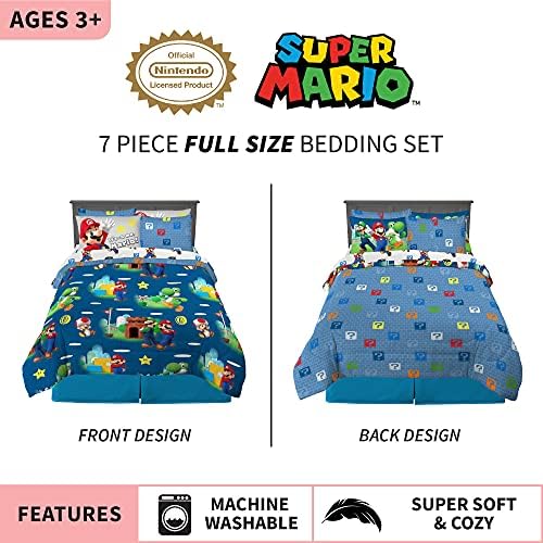 Super Mario Kids Bedding Set, Full Size 7 Piece Comforter and Sheet Set with Sham, (Officially Licensed Product) by Franco