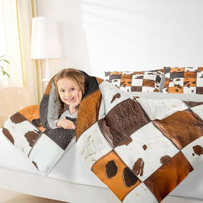 jejeloiu Rustic Cowhide Patchwork Bedding Set for Boys Girls, Leather Cow Print Comforter Set King Size Cow Fur Print Duvet Quilt Microfiber Farmhouse Country Bedroom Decor 3 Pcs with 2 Pillow Cases