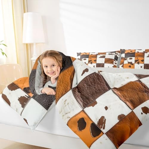 jejeloiu Rustic Cowhide Patchwork Bedding Set for Boys Girls, Leather Cow Print Comforter Set Toddler Size Cow Fur Print Duvet Quilt Microfiber Farmhouse Country Decor 2 Pcs with 1 Pillow Cases