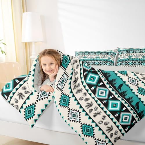Aztec Geometric Comforter Set Full Size,Southwest Tribal Ethnic Kids Bedding Set,Wolf Rustic Cabin Quilt Comforter,Beige Retro Duvet Insert,2 Pillowcases