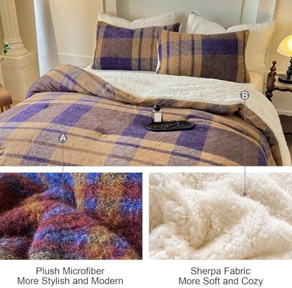 Cyusri Plaid Sherpa Comforter Set 3Pcs Fluffy Warm Fleece Down Alternative, Khaki Blue Grid Pattern Bedding Set with 2 Pillowcases, King Size 104"x90"