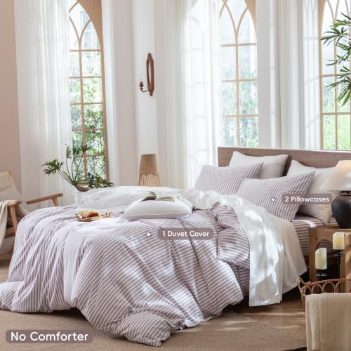 MooMee Striped Duvet Cover Set 100% Washed Cotton Linen Like King