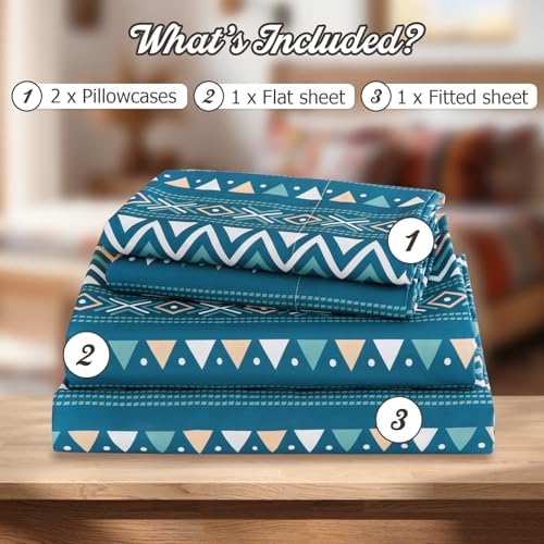 CozySmile Boho Sheet 4 Pieces King Sheet Set Bohemian,King Size Breathable Soft Microfiber Deep Pocket Bedding, Western Sheets Geometric(King, Teal Geometric)