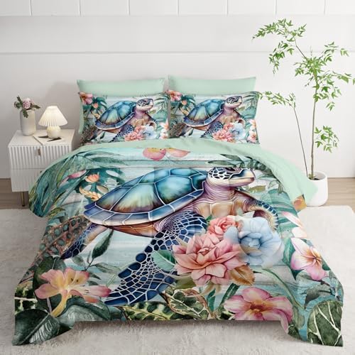 Nttopship Spring Sea Turtle Comforter Set 7 Pcs Bedding Set Full Size,Spring Sea Turtle Theme Bedding Set 7 Piece in A Bag,Wooden Floral Tropical Plants Printed Quilts Set Lightweight Soft