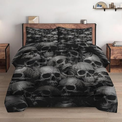 Pamnest Comforter Set Queen Size, Skull Skeleton Soft 3 Pcs Bedding for Kids and Adults, Spooky Horror Gothic Comforter Set with 2 Pillowcases, for Bedroom Bed Decor