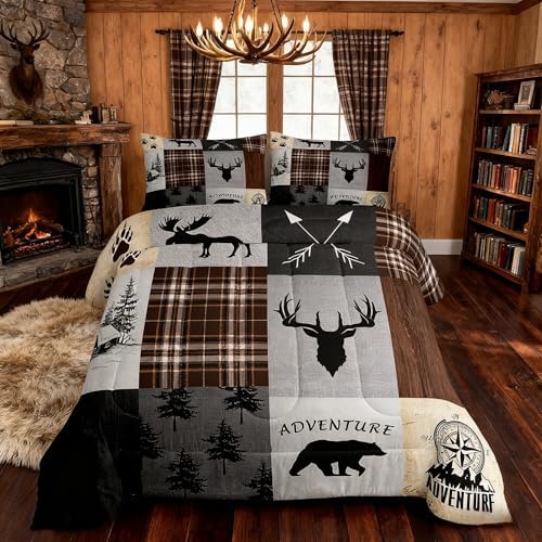Deer Antler Comforter Set Full Size,Bear Paw Pine Trees Rustic Farmhouse Bedding Set for Boys Girls Adults Room Decor,Geometric Plaids Arrows Down Comforter,Brown Retro Duvet Insert,2 Pillowcases