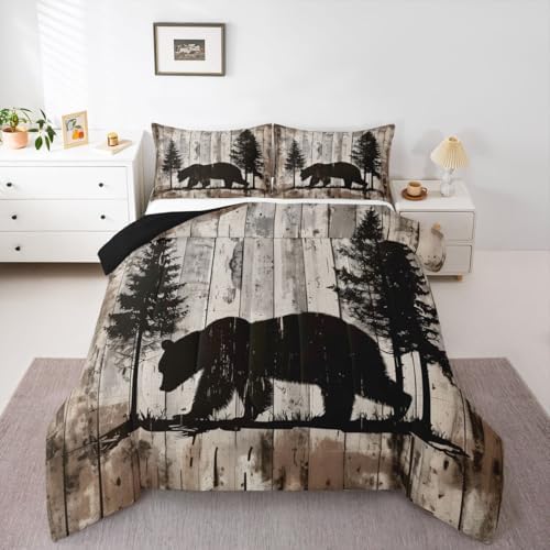 jejeloiu Bear Comforter Set All Season Rustic Cabin Country Bedding Set with 2 Pillow Cases Wild Animal Microfiber Kids King Bedclothes Bedroom Decor Duvet Quilt Breathable Soft Lightweight
