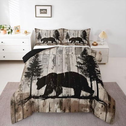 jejeloiu Bear Comforter Set All Season Rustic Cabin Country Bedding Set with 2 Pillow Cases Wild Animal Microfiber Kids King Bedclothes Bedroom Decor Duvet Quilt Breathable Soft Lightweight