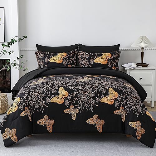 Yogeneg 5 Piece Bed in a Bag Twin Size Comforter Set Black Bedding Set,Gold Butterfly Leaves Printed on Black Reversible Design,Soft Microfiber Comforter with Sheet Set,All Season(Butterfly,Twin)