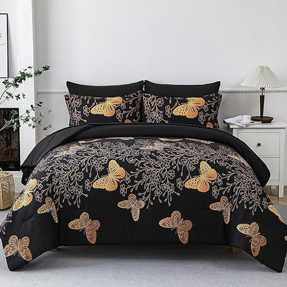 Yogeneg 7 Piece Bed in a Bag Full Size Comforter Set Black Bedding Set,Gold Butterfly Leaves Printed on Black Reversible Design,Soft Microfiber Comforter with Sheet Set,All Season(Butterfly,Full)