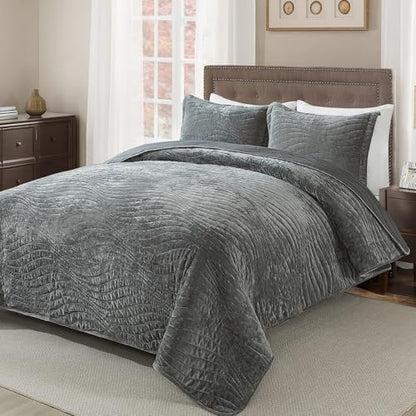 HoneiLife Velvet Quilt Sets King - Lightweight Bedspreads 3-Pieces, Stripe Coverlets Rustic Bed Cover King Quilt Bedding Sets for All Season Use, Grey