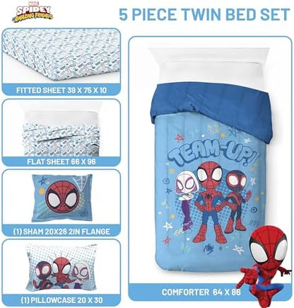 Marvel Spidey and Friends Twin Comforter Set 5 Piece Kids Bedding, Blue