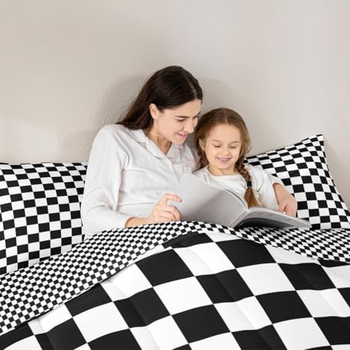 Manfei Black and White Plaid Comforter Set King Size, Reversible Geometric Square Grid Bedding Set 3pcs, Kids Boys Teens Room Decor, Soft Lattice Checkerd Down Comforter for All Season, 2 Pillowcases
