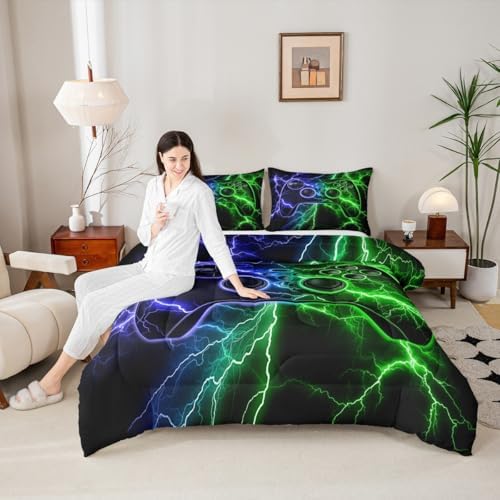 Gamer Comforter Set Gaming Full Size Bedding Sets, Game Boy Games Comforter Blue Green Lightning Bed Set,Kids Room Decor