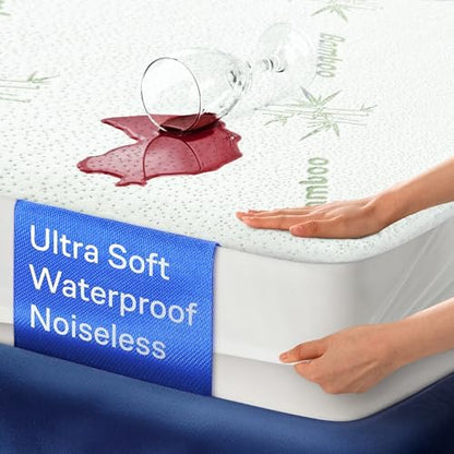 Side-Shield Waterproof Mattress Protector Twin - 6-21" Deep Pocket with Leak-Proof Edge Protection - Noiseless & Cooling Soft-Touch Viscose Made from Bamboo - Machine Washable (Green)