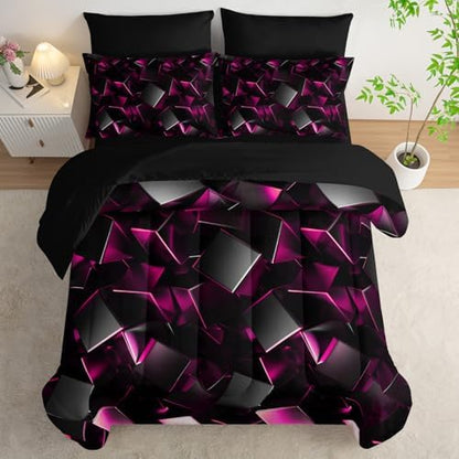Nttopship Black and Pink Geometric Comforter Set Twin Size 7PCS,Abstract Triangular Printed Bedding Set for Adults,Geometric Mordern Art Decor All Seasons with Pillowcases,Flat, Fitted Sheet