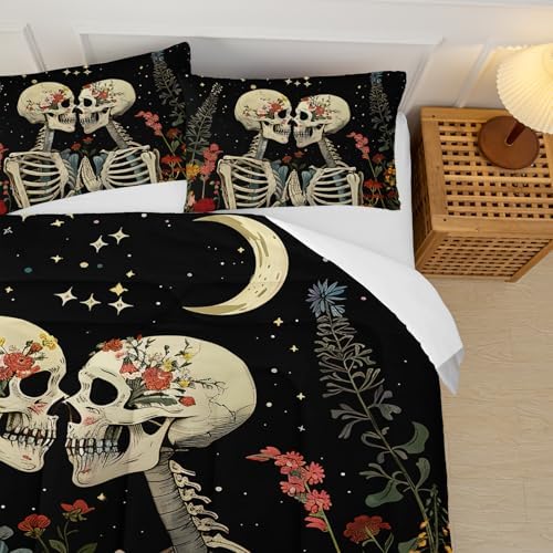 Black Gothic Skull Flower Twin Comforter Set，Quilt Twin Size Bedding Set Gothic，with 1 Comforter with 2 Pillow Case，Skull Room Decor for Bedroom