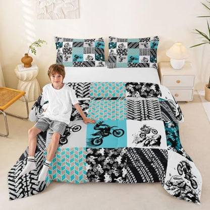 Feelyou Dirt Bike Comforter Set Toddler Size Motocross Bedding Set for Kids Boys Girls Extreme Sports Duvet Quilt Grunge Rider Bedroom Decor Tire Track Microfiber 2 Pcs with 1 Pillow Cases