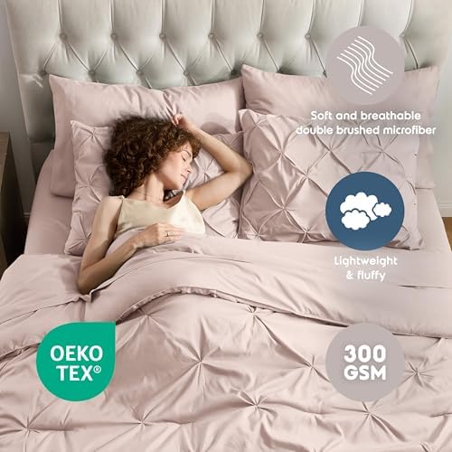 Nestl 9 Piece Queen Comforter Set – Blush Pink Pinch Pleated Bed in a Bag – Complete Queen Size Bedding Set with Sheets, Set of 2 Cooling Pillows, Pillowcases and Shams