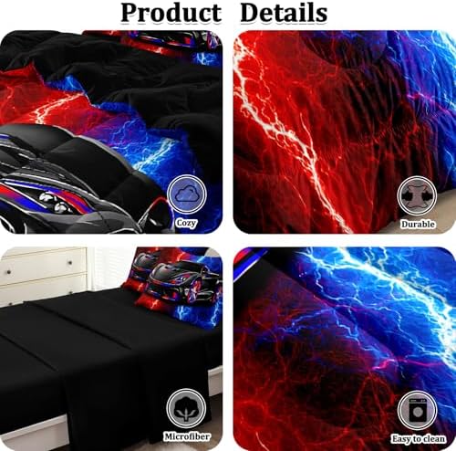 5 Pcs Twin Car Bedding Sets for Boys Teen, Red Blue Lightnings Car Twin Comforter Set for Boys, Twin Boy Bedding Set